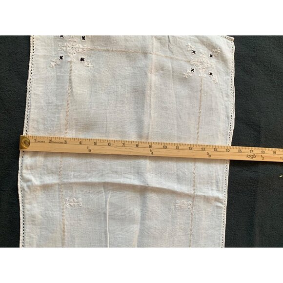 Vintage White Linen Table Runner with Embroidered Floral Details 15x48 - Picture 8 of 10